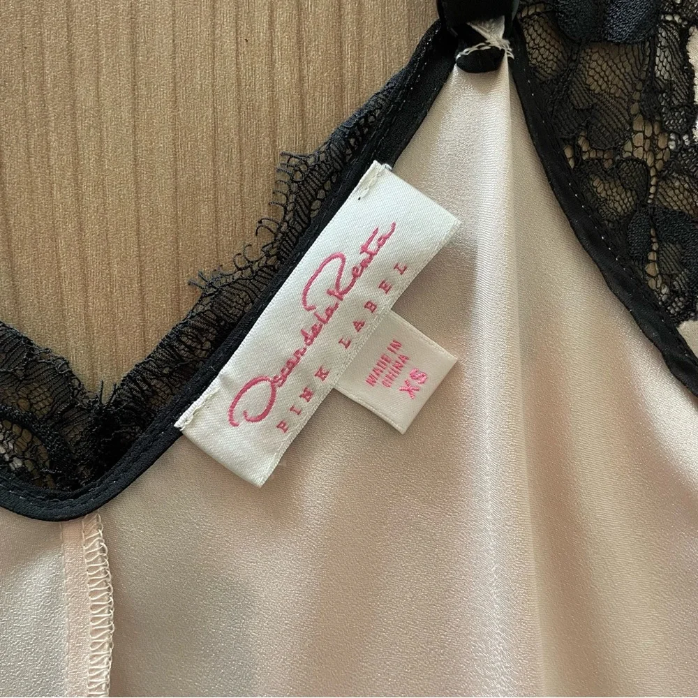 Oscar De La Renta Blush Pink Long Satin Slip Dress with Black Lace - Size XS - Picture 8 of 11